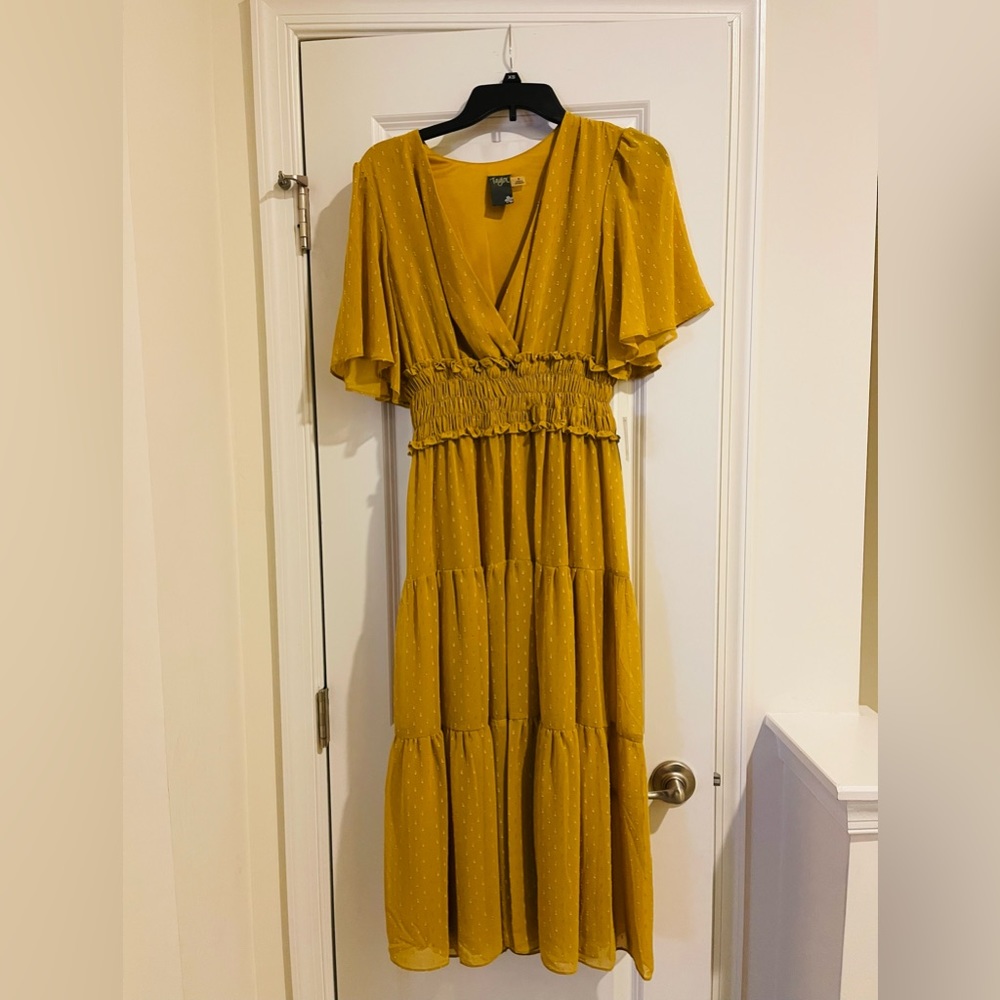 NWT sz 8 Taylor maxi-dress with gold dot print and cinched waist
